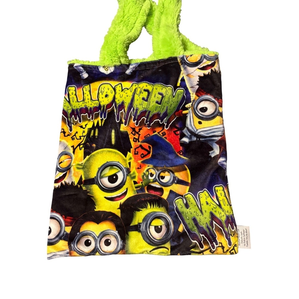 Reversible Minions Halloween Plush Tote Bag Fuzzy Lime Green Trick or Treat - Picture 9 of 15